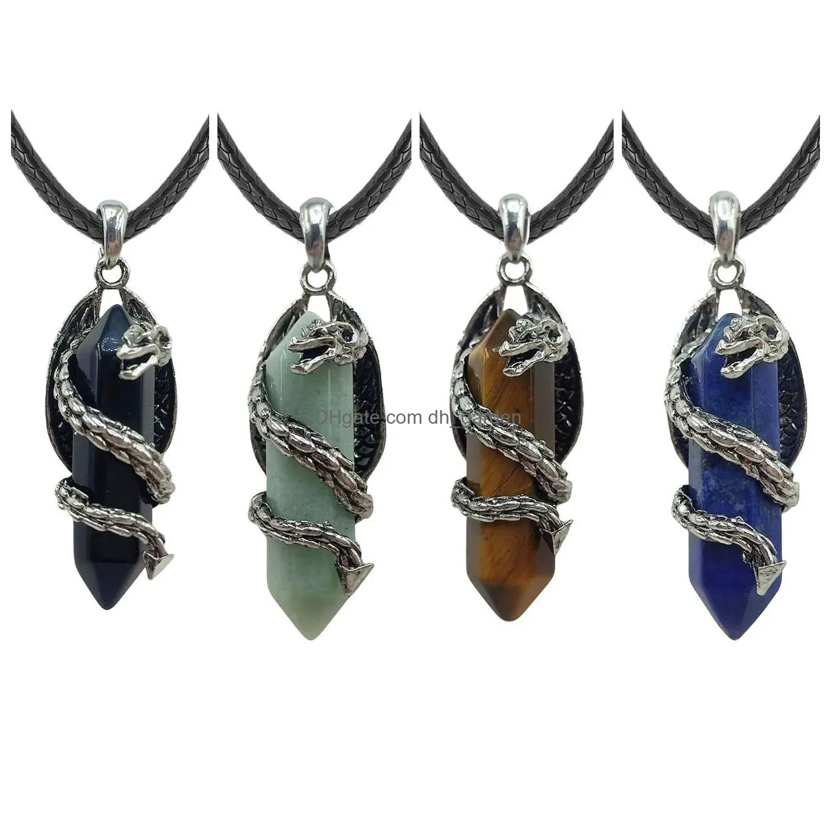 fantasy handmade black leather rope cord natural amethyst tiger eye stone charming couples pendant necklace