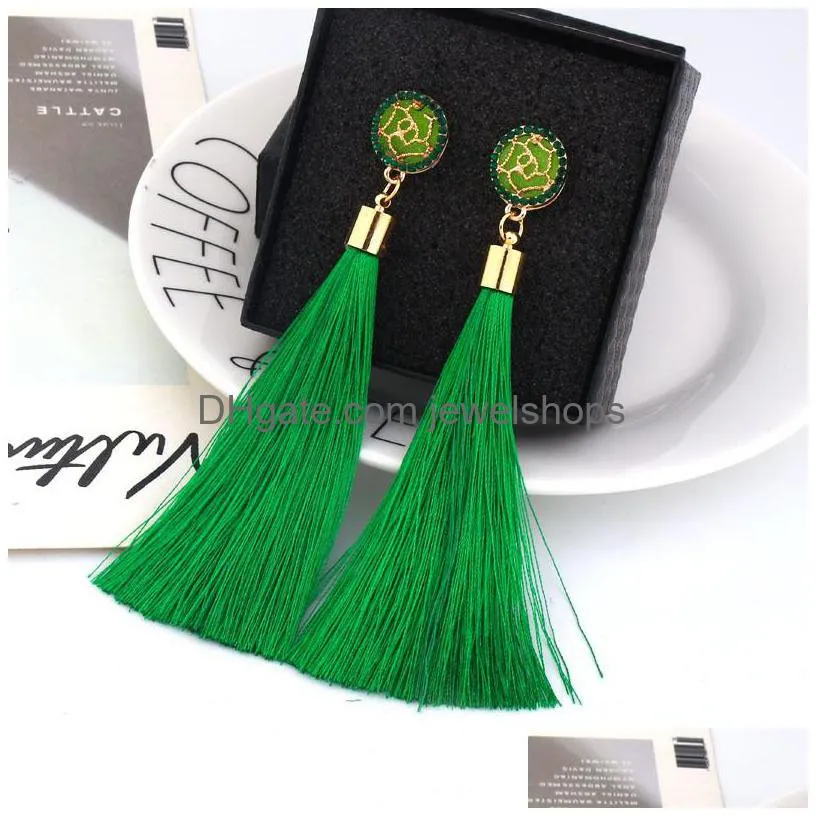 9colors boho ethnic tassel dangle earrings for women geometric crystal rose flower sign long silk fringed dangle statement earring