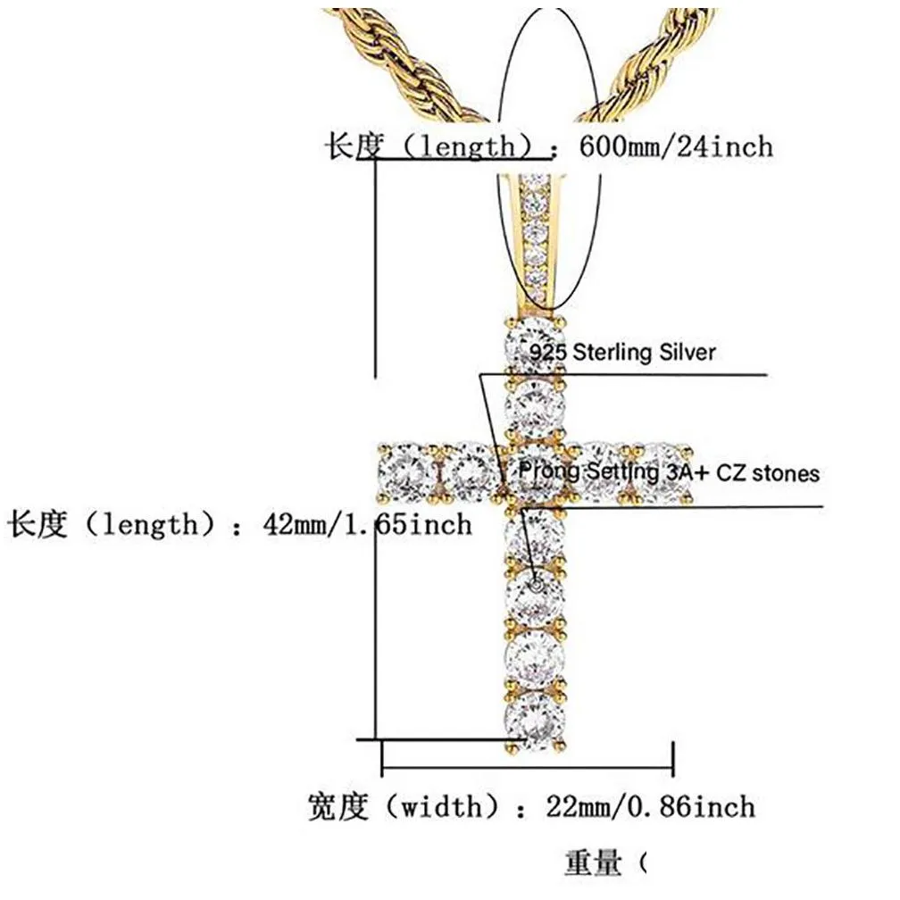 14k gold plated 925 sterling silver white clear diamond cz cross pendant necklace with 3mm 18inch rope chain 42mmx22mm