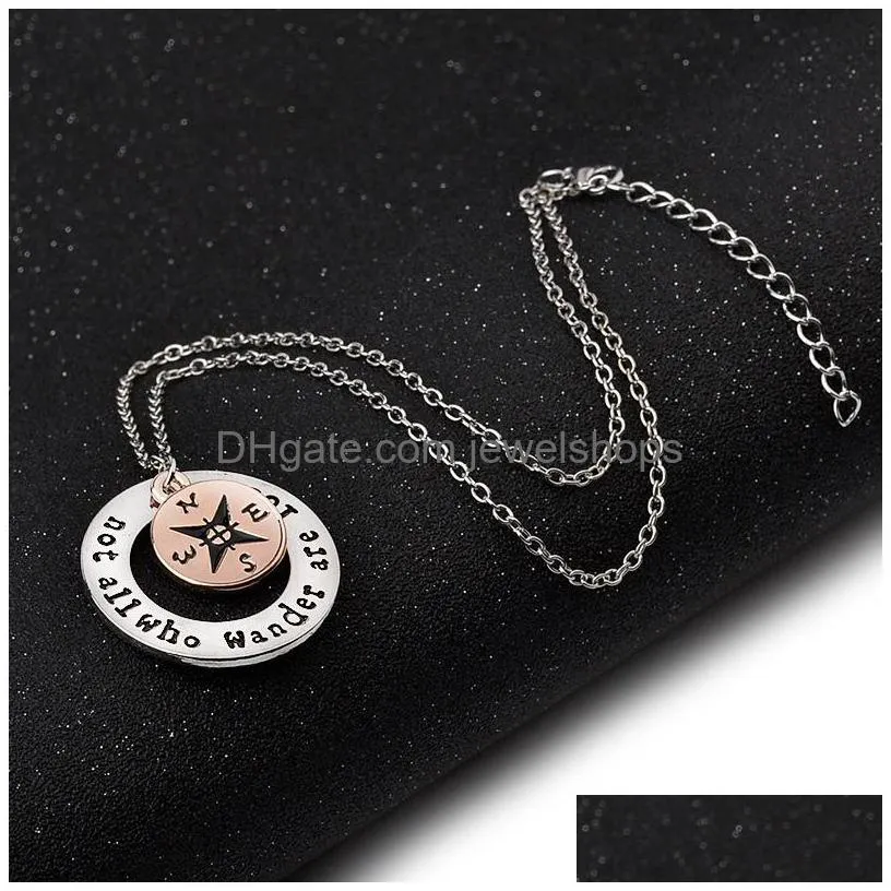 not all who wander are lost necklaces for women gold silver big small compass round pendant chains fashion inspirational jewelry gift