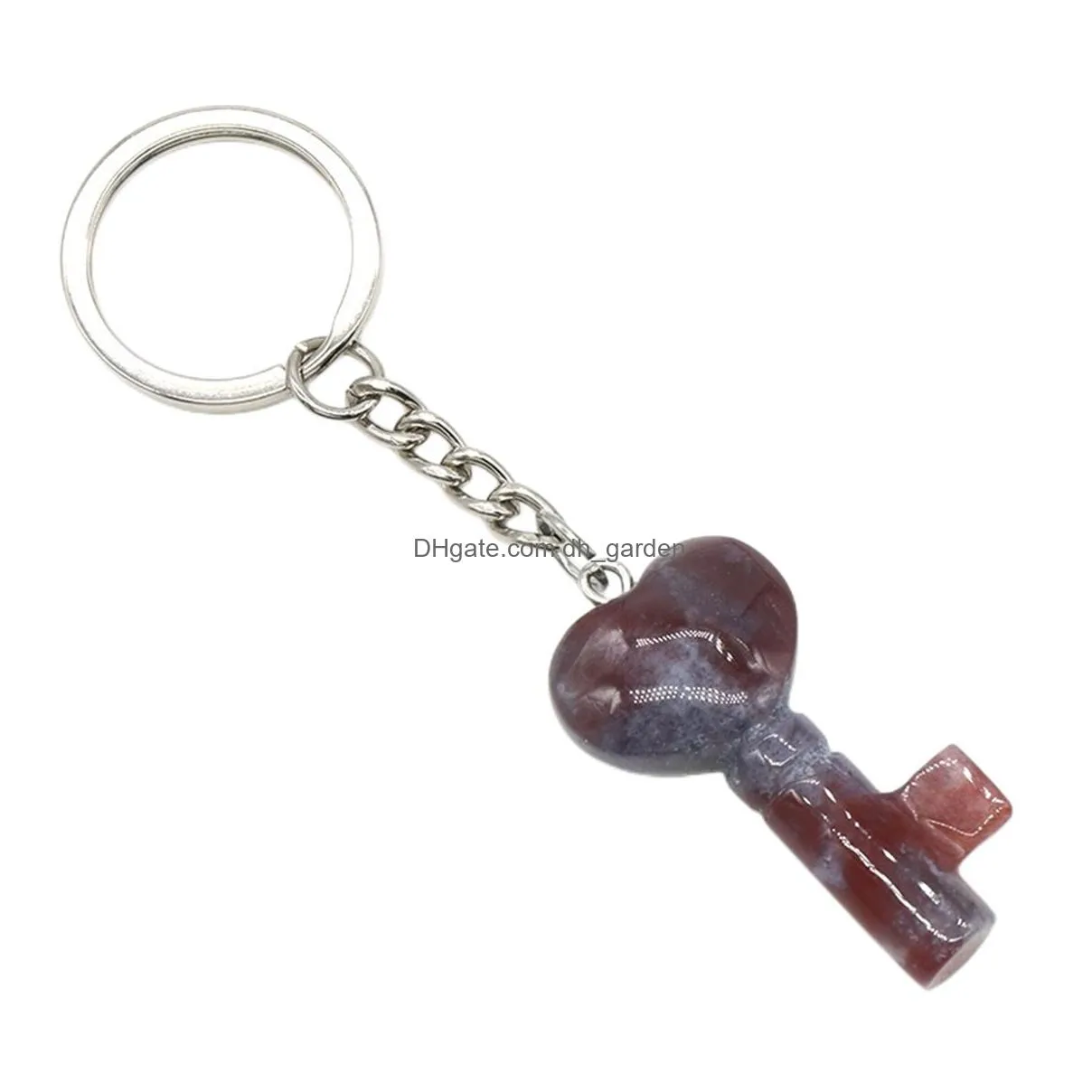 factory wholesale natural crystal gemstone heart shape key pendant healing crystal stone with alloy chain pendant keychain