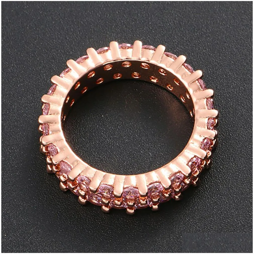 iced 2 row 360 eternity pink stone rings micro pave cubic zirconia rose gold plated simulated diamonds hip hop ring for men women