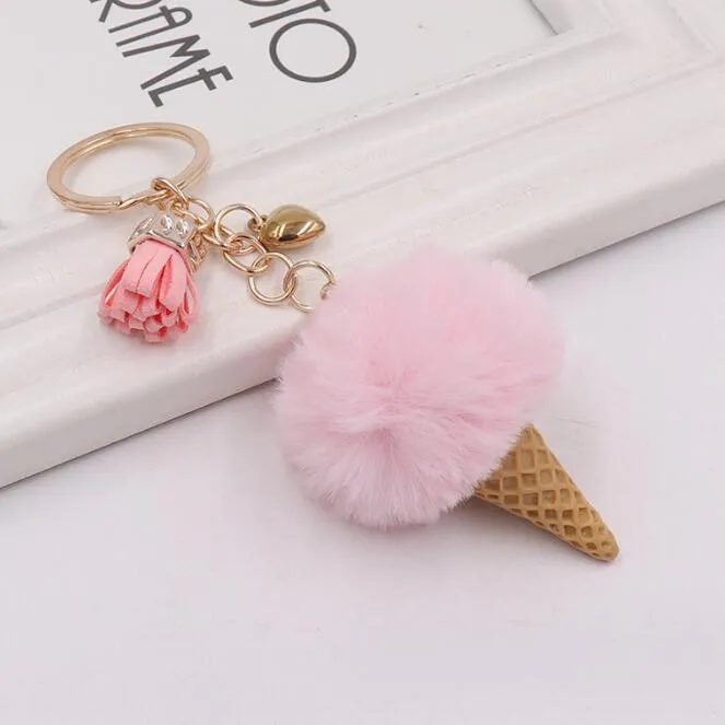 Faux Fur Ice Cream Pendant Key chain Cute Cartoon Keychains Plush Furry Bags Hang Cone CarTassel Keyring Creative Gift