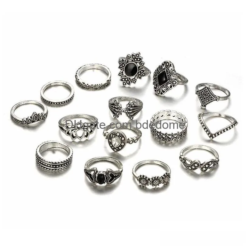 9 styles bohemian midi knuckle finger rings set for women vintage retro silver lotus flower crowncrystal geometric ring female jewelry