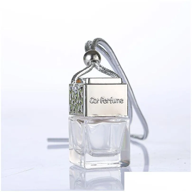 Cube Hollow Car Perfume Bottle Rearview Ornament Hanging Air Freshener For Essential Oils Diffuser Fragrance Empty Glass Bottle Pendant