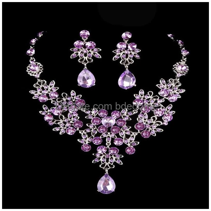 6 colors women bling crystal bridal jewelry set silver diamond wedding statement necklace dangle earrings for bride bridesmaids