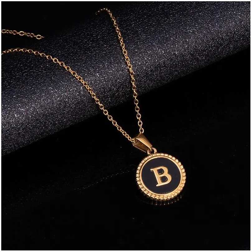 gold 26 initial letters capital a to z alphabet pendant stainless steel black enamel customized personalized name round charm chain necklace for couple