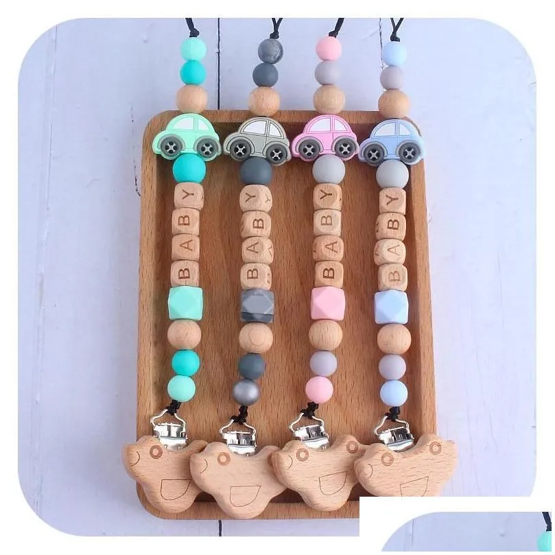 Pacifiers# Personalised Name Dummy Clip Wooden Beads Teether Holder Chewing Necklace Pendant Custom Teething Pacifier Nipple