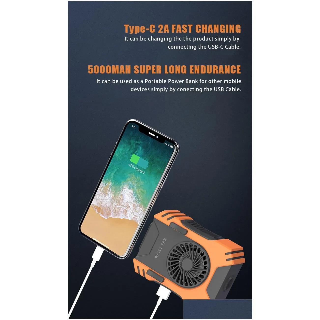 Portable Cooling Clip Waist Fan Multi-function Neck Fan With Strong Flashlight Power bank 5000mAh phone charge Wearable Mouned NeckFan Wind