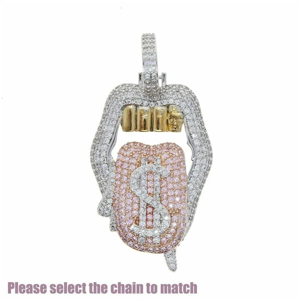 14k copper tongue iced out bling 5a cz sexy mouth pendant necklace dollar symbol micro pave cubic zirconia jewelry