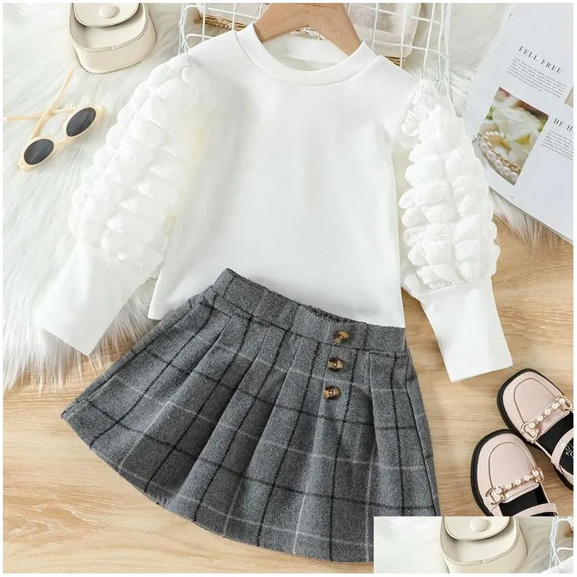 New girls` skirt two piece set designer kids clothes bubble sleeve top woven plaid kirt shorts set European and American style childrens