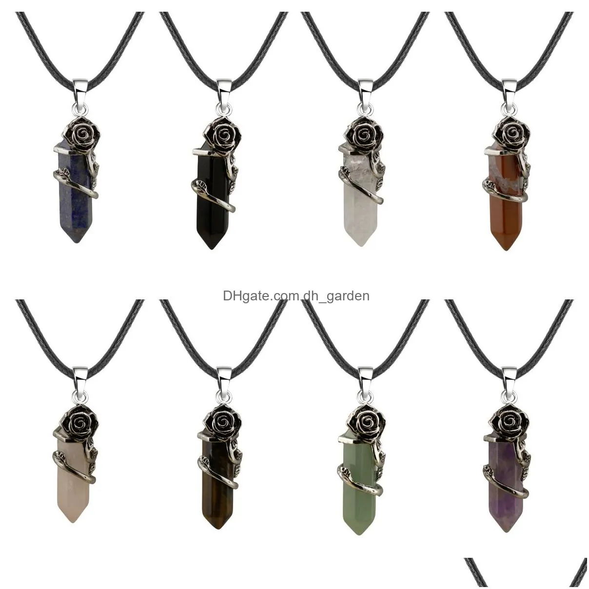 natural stone valentine`s day gift rose wrapped crystal double pointed hexagonal cone necklace women men jewelry