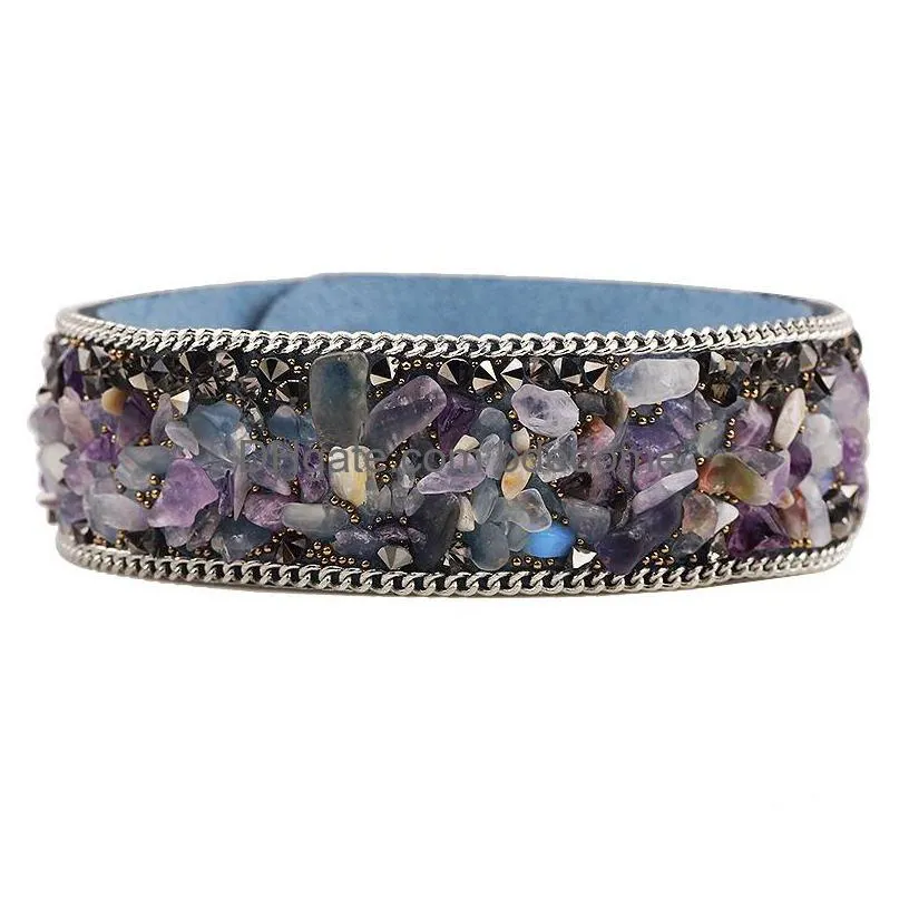 korean gravel velvet bangle multi color natural crystal stone wide leather wristbands bracelets for women female fashion jewelry hot