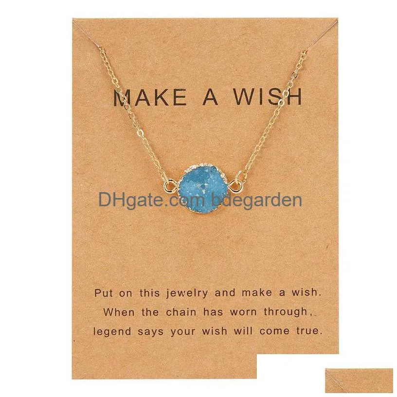 8 colors luxury druzy necklace for women round natural stone pendant gold chains fashion make a wish card jewelry gift