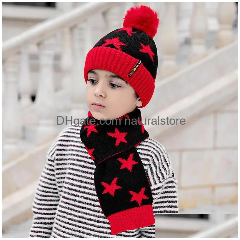 fashion winter thick warm kids hat set scarf for boy girl cute double pom children beanie scarves gift