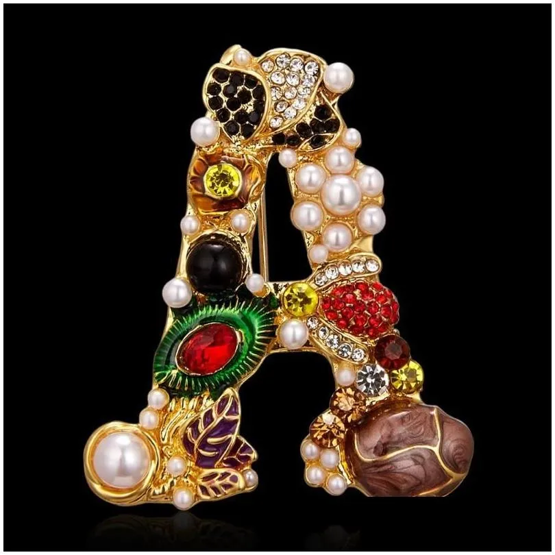 Pins, Brooches Vintage Gem Pearl Rhinestone Letter Brooch Pins Inital Alphabet For Women Men Trendy Clothes Accessories Drop