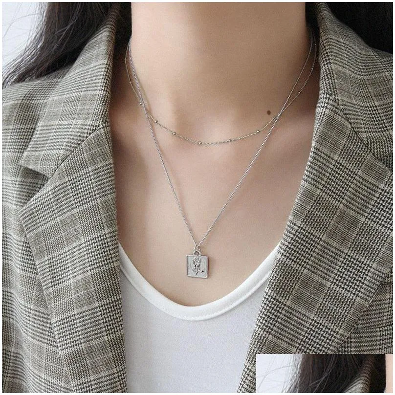 925 Sterling Silver Rose Flower Necklaces Simple Geometric Square Pendant Necklace For Women joyas de plata 925 Jewelry