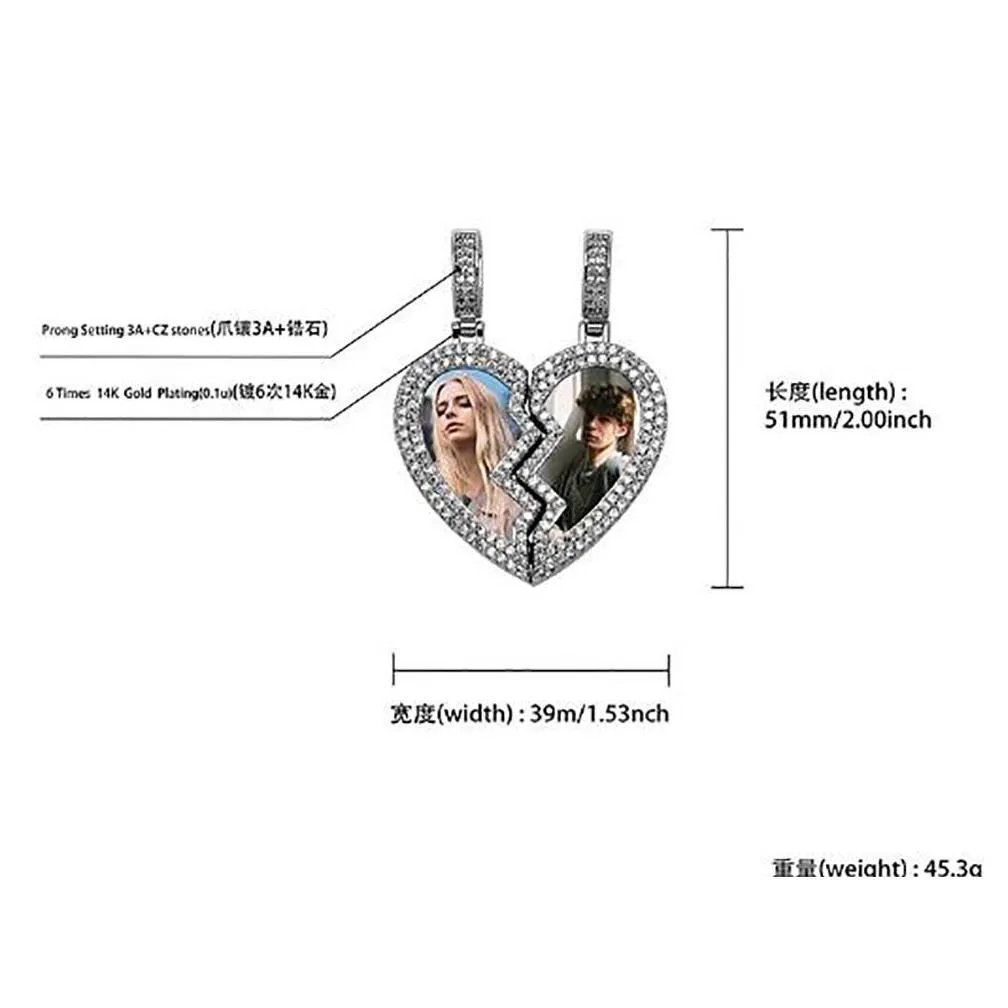 1 pair half-heart photo pendant necklace for men women couple valentine gift cubic zirconia charm hip hop jewelry