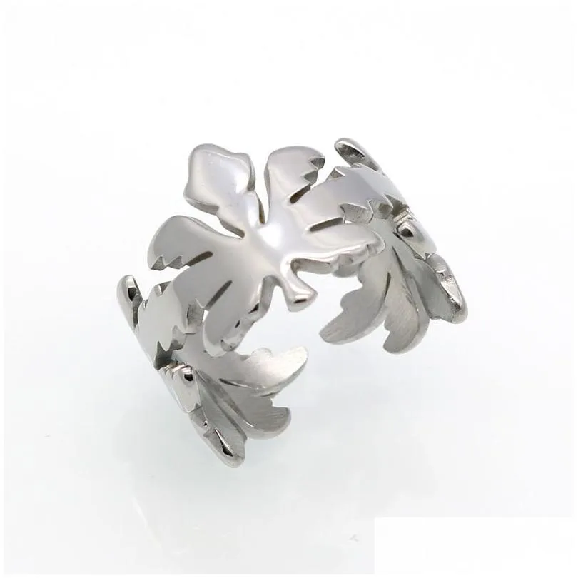 fashion high polishing ladys gold maple leaf band rings 316l stainless steel personality women`s hip hop plant leaves band ring jewelry 15 mm width never