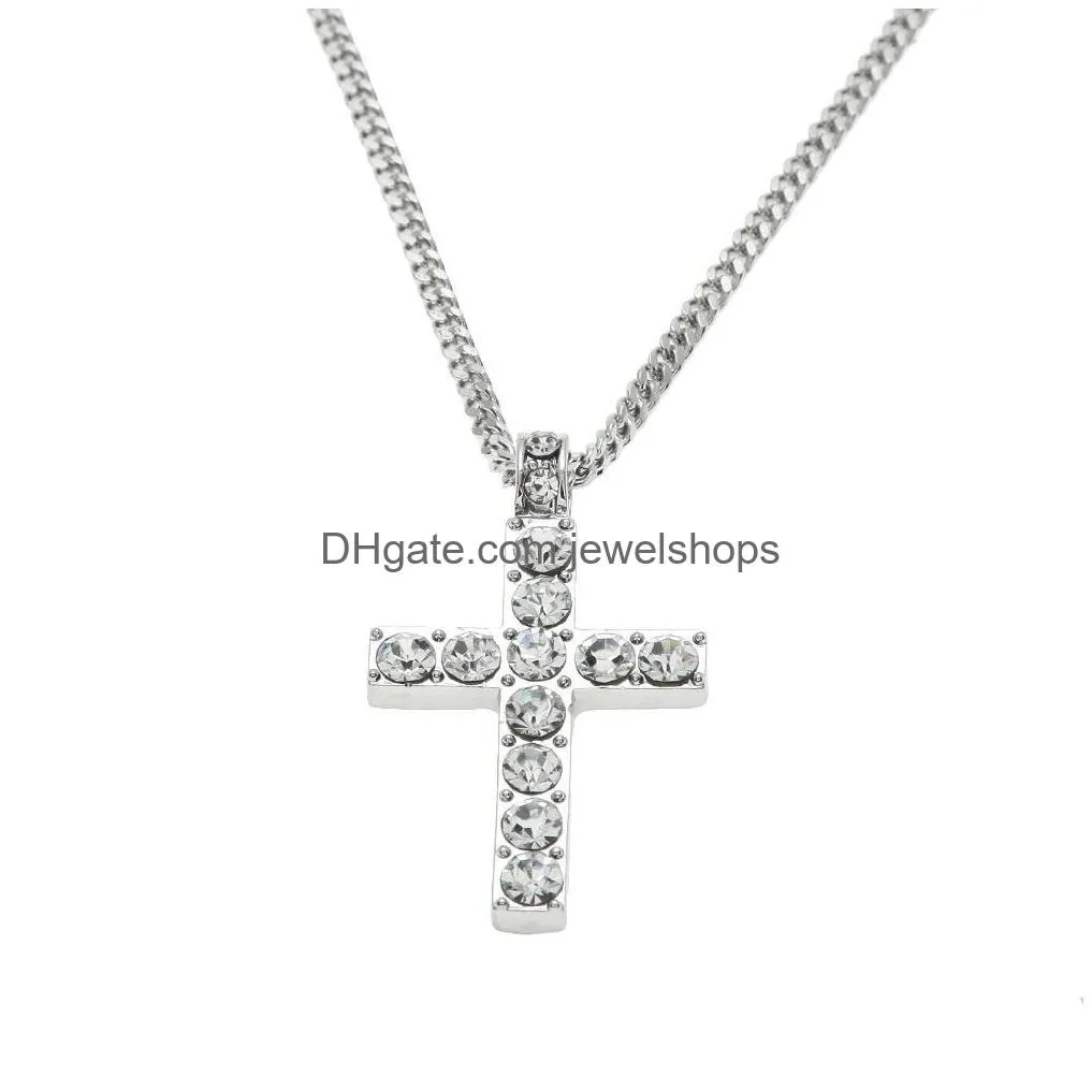 hip hop iced out cross pendant necklace crystal rhinestone religion jesus crucifix charm gold silver cuban link chain for men s