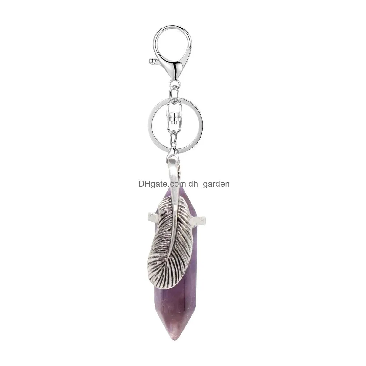 wholesale hexagon point natural stone key ring feather wrapped chakras gemstone pendant keychain