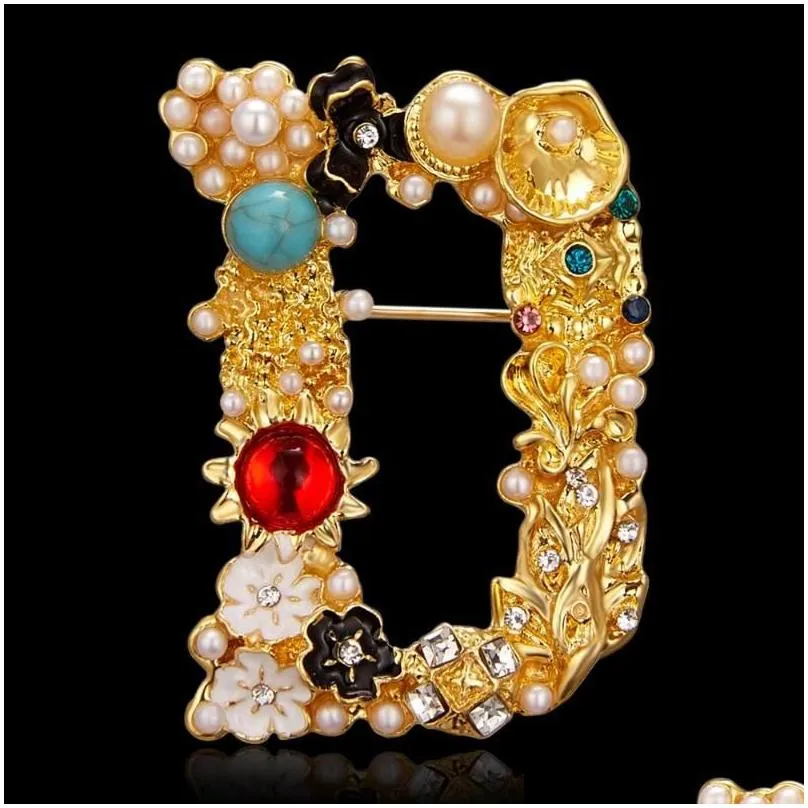 Pins, Brooches Vintage Gem Pearl Rhinestone Letter Brooch Pins Inital Alphabet For Women Men Trendy Clothes Accessories Drop