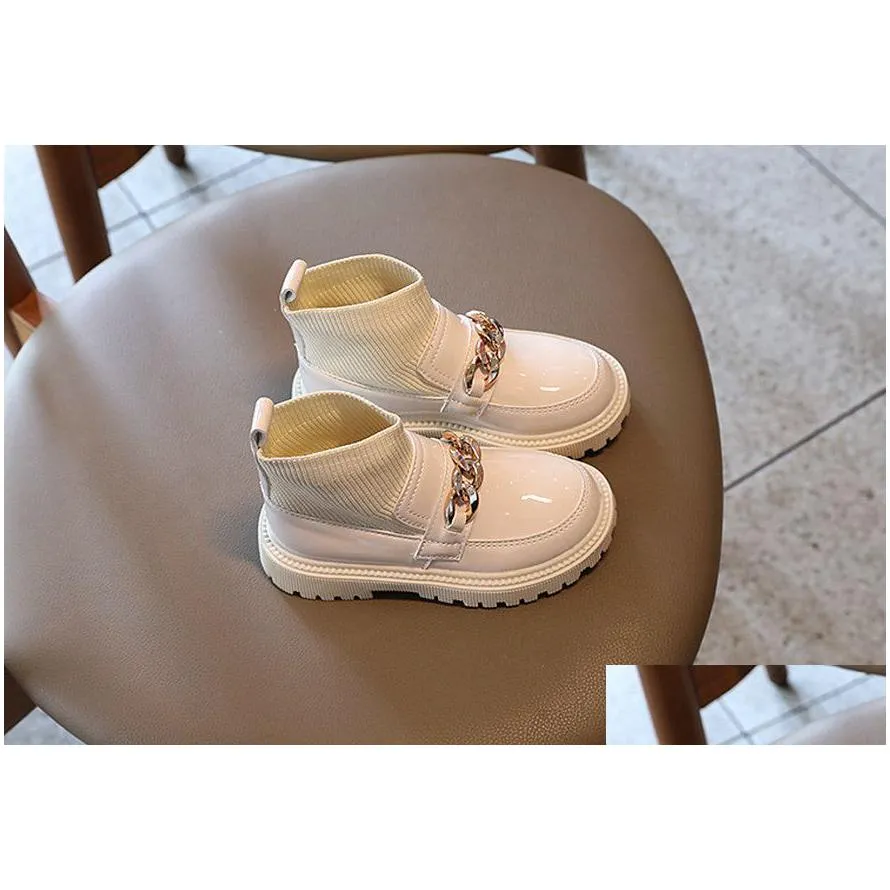 kids shoes ankle knit patent leather boots boy girl school uniform dress shoe child flat metal buckle british style boot 26-36