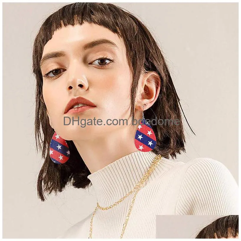 fashion multi-layer pu leather dangle earrings for women softball basketball soccer american flag waterdrop shape statement earrings