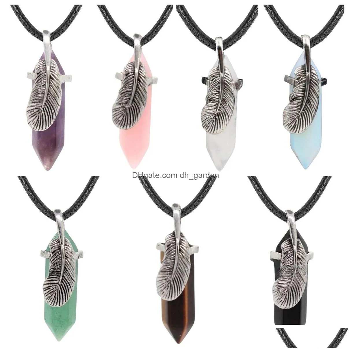 point hexagon prism stone pendant necklace feather wrapped energy healing crystal gemstone pendant necklace