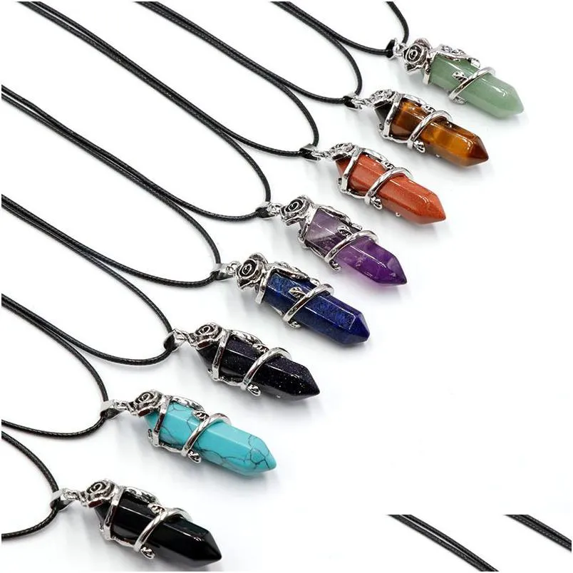natural stone valentine`s day gift rose wrapped crystal double pointed hexagonal cone necklace women men jewelry