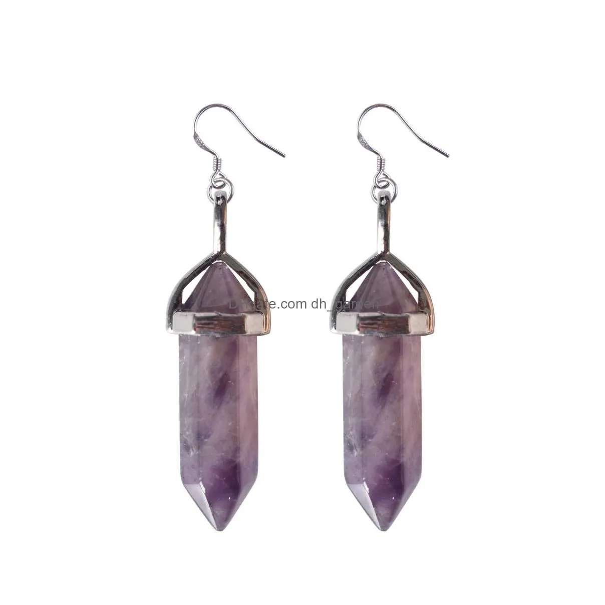 wholesale fashionable healing hexagonal column charm earring natural crystal gemstone drop earring for women