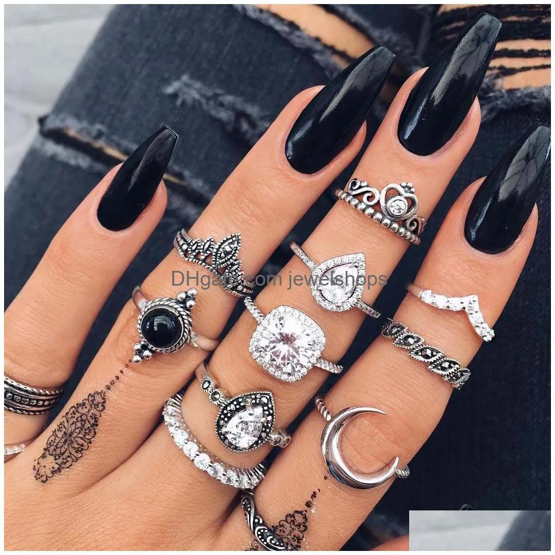 fashion carve antique silver midi rings set for women turtle crown heart lotus knuckle finger rings female bohemian jewelry gift