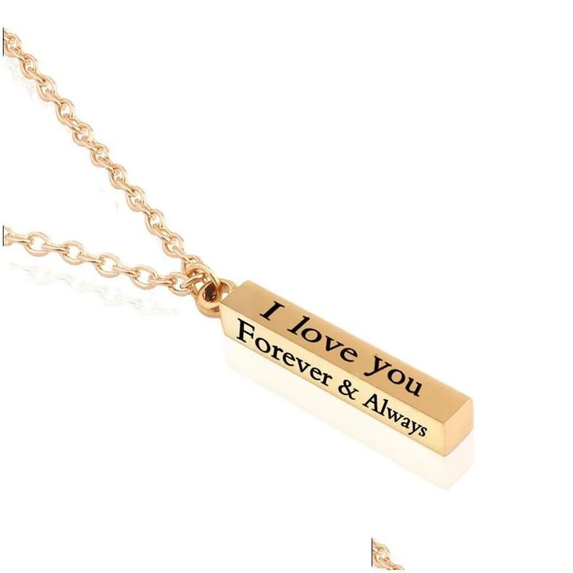 stainless steel couple lovers necklace pendant square men`s women`s lady`s silver black gold i love you forever and always wedding wishing charm jewelry with