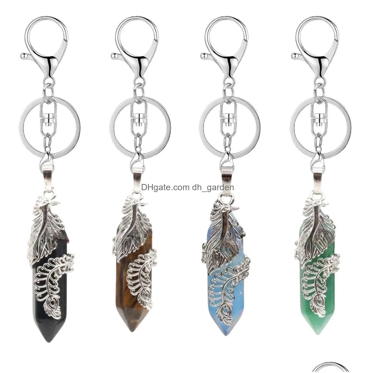 fashion new design single metal phoenix wrapped natural crystal healing stones pendant keychain with handmade