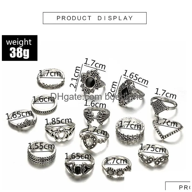 9 styles bohemian midi knuckle finger rings set for women vintage retro silver lotus flower crowncrystal geometric ring female jewelry