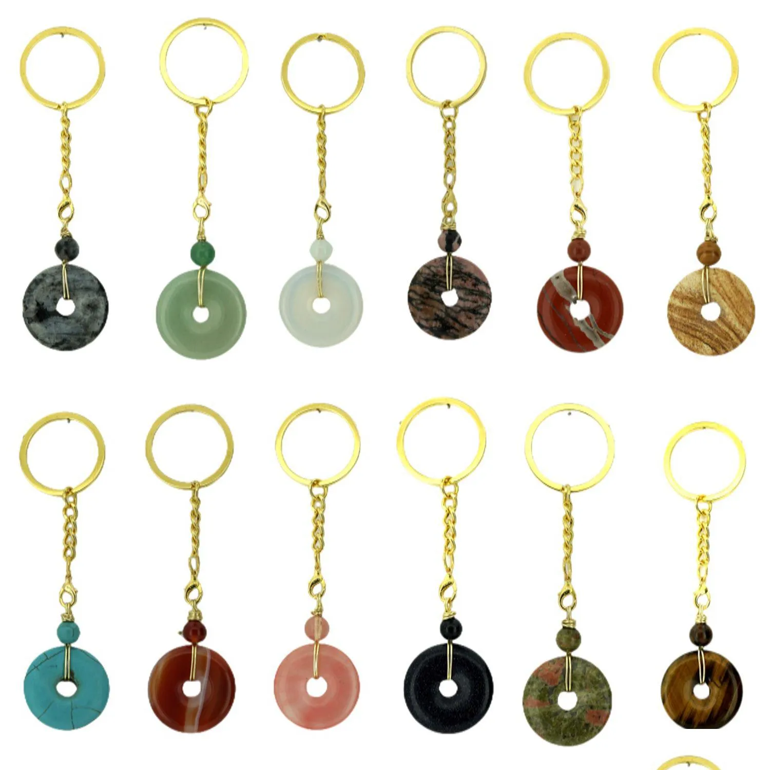 30mm smooth donuts shape gemstone pendant keychain various natural gemstone charm pendant keychain for souvenir gifts