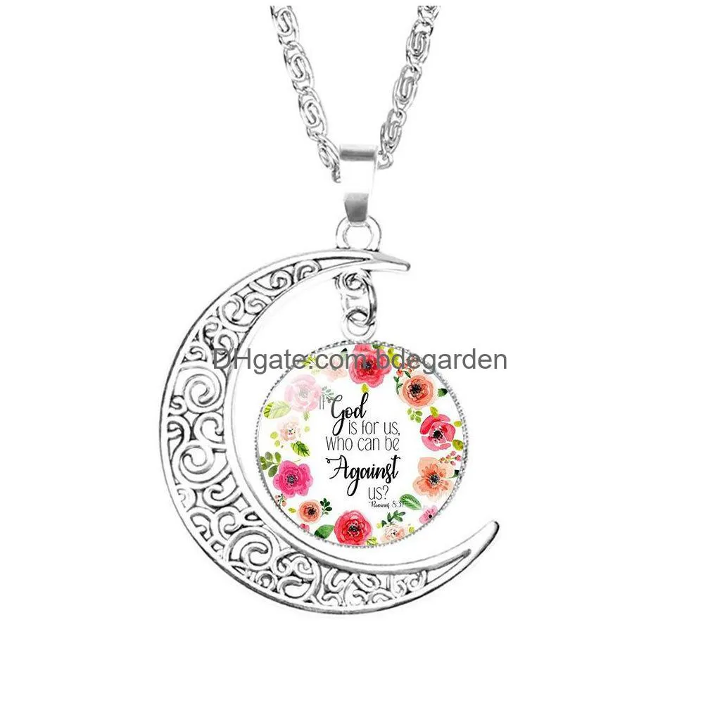 christian bible moon necklaces for women christians bible scripture glass time gem cabochon pendant chains 2019 fashion jewelry in