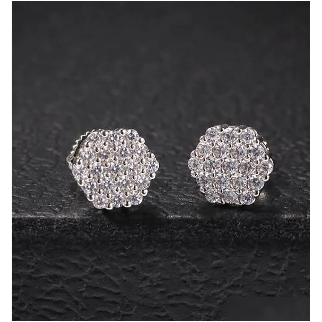 925 silver hexagon drop earrings stud 1 pair casual iced out diamond micro pave cubic zircon earring men women gift jewelry