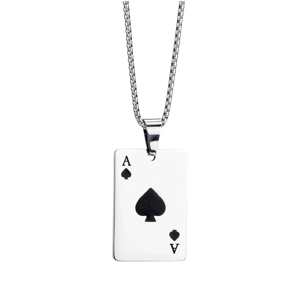 stainless steel hip hop silver men`s playing cards poker necklace pendant spades ahearts a in cards games charm fashion jewelry include