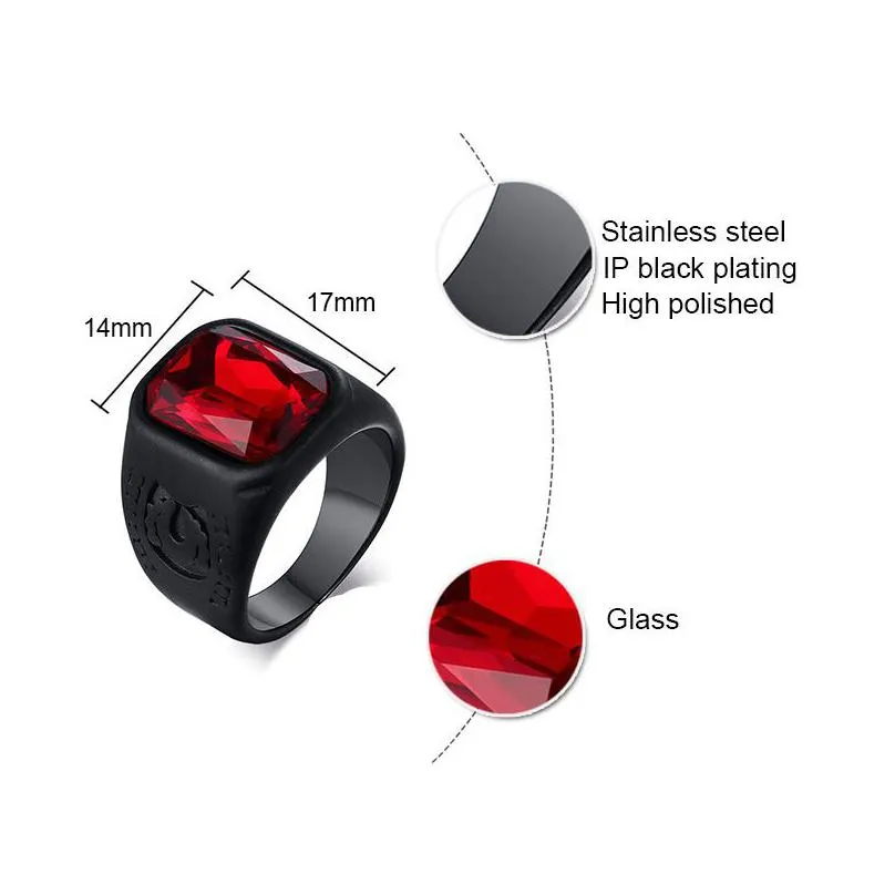 fashion stainless steel trendy men`s punk gothic biker ring red square ruby stone black rings jewelry with glass stones