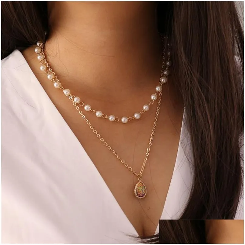 Elegant Imitation Pearl Water Drop Semi-precious Stone Pendant Necklace Women Vintage Geometric Clavicle Necklaces Jewelry Gift