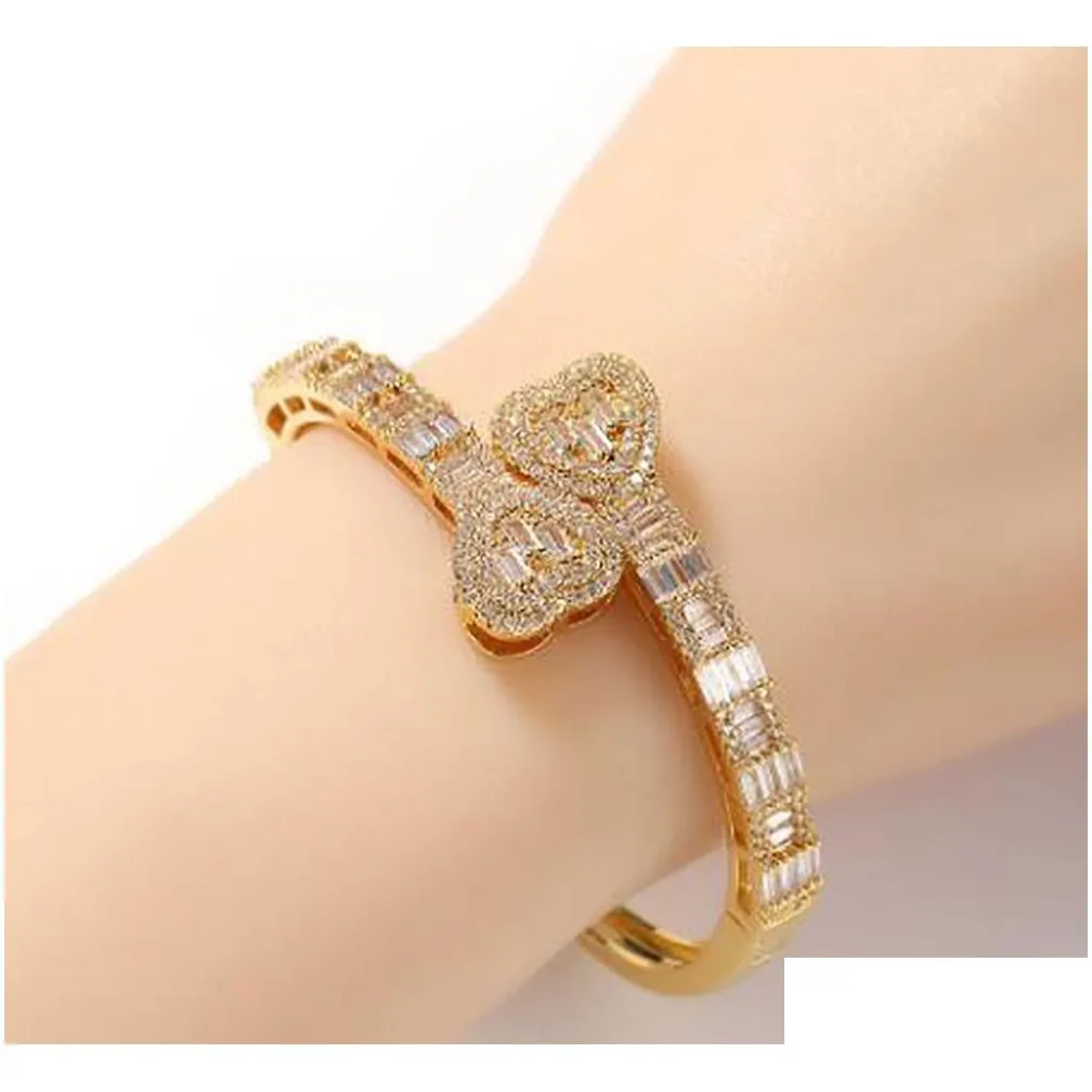 14k white gold plated heart bangle diamond baguette bracelets opening size cubic zirconia hiphop jewelry for men women gifts