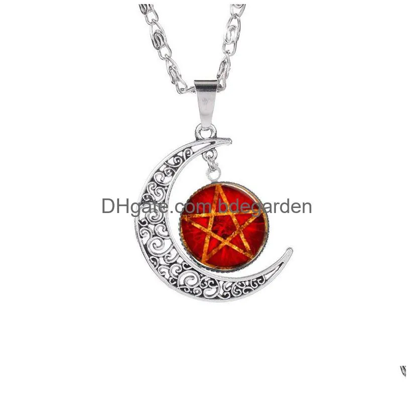 new five-pointed star pendant necklaces hollow moon cabochons glass moonstone pentagram necklace for women&men witchcraft jewelry