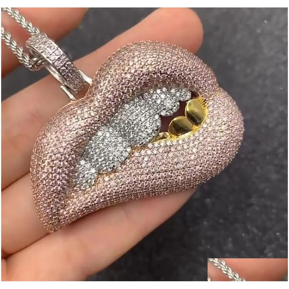 mens women iced out 14k zircon lips pink pendant necklace micro pave bling flashy charm hiphop jewelry whosales