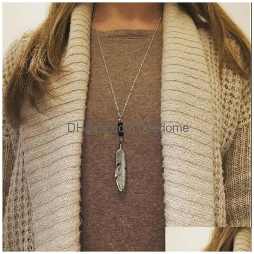 2018 lava rock bead necklace feather leaves aromatherapy essential oil diffuser stone pendant gold silver chain for women jewelry gift