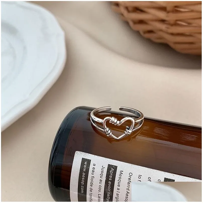 Silver Retro Love Heart Hollow Open Ring Female INS Trend Sweet Sexy Elegant Handmade Hip-hop Fashion Rings