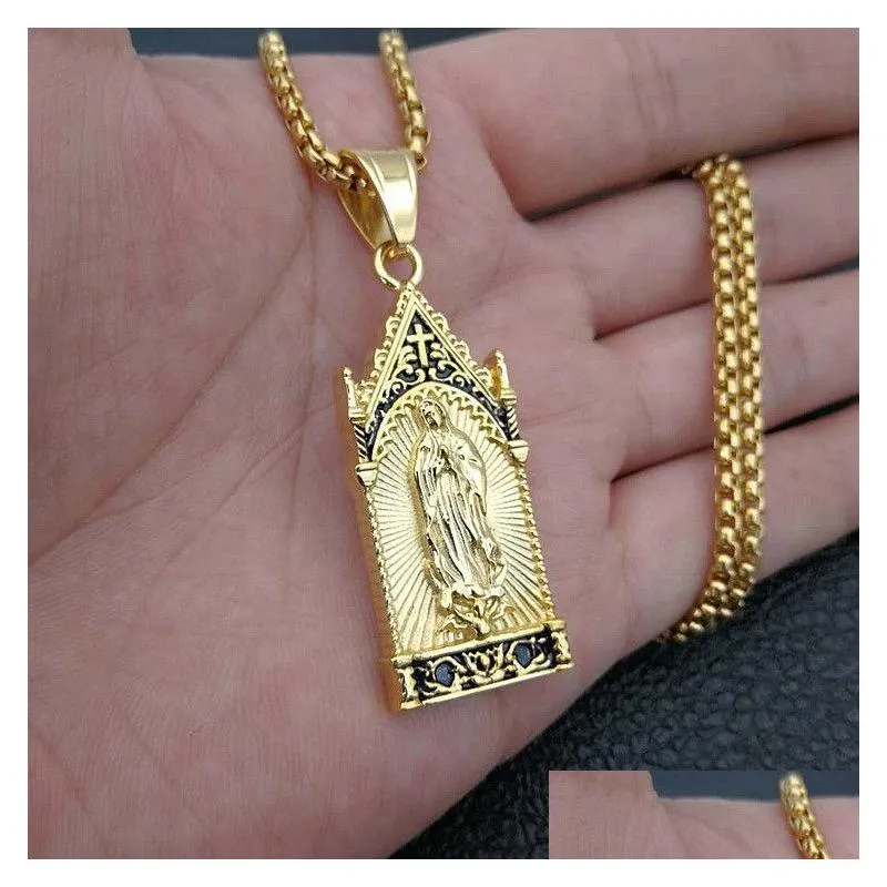 the virgin mary madonna necklace stainless steel men`s antique silver gold punk mother of christ catholic guadalupe pendants jewelry