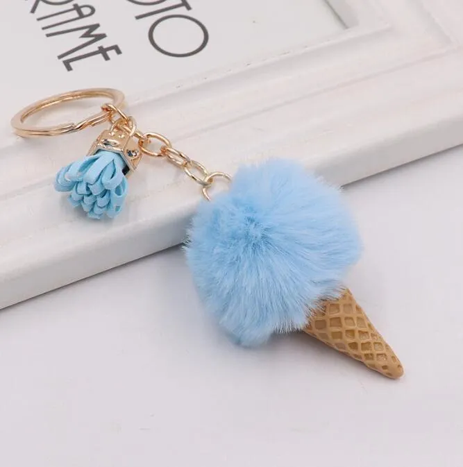 Faux Fur Ice Cream Pendant Key chain Cute Cartoon Keychains Plush Furry Bags Hang Cone CarTassel Keyring Creative Gift