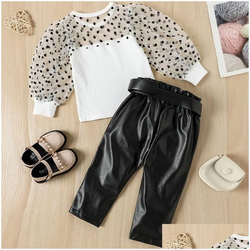 New baby girl clothes two piece set Dot designer kids clothing Spring and Autumn childrens Mesh Puff Sleeve Top and PU Leather trousers