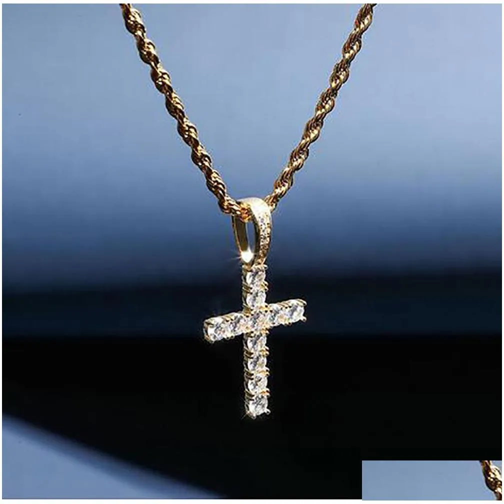 14k gold plated 925 sterling silver white clear diamond cz cross pendant necklace with 3mm 18inch rope chain 42mmx22mm